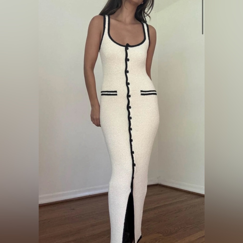 Elegant Cream Knit Dress with Black Trim